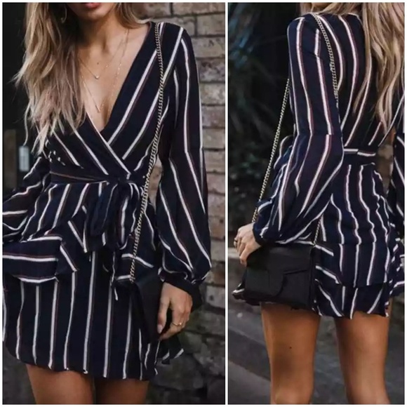 Dresses & Skirts - NEW Striped V Neck Ruffle Mini Dress